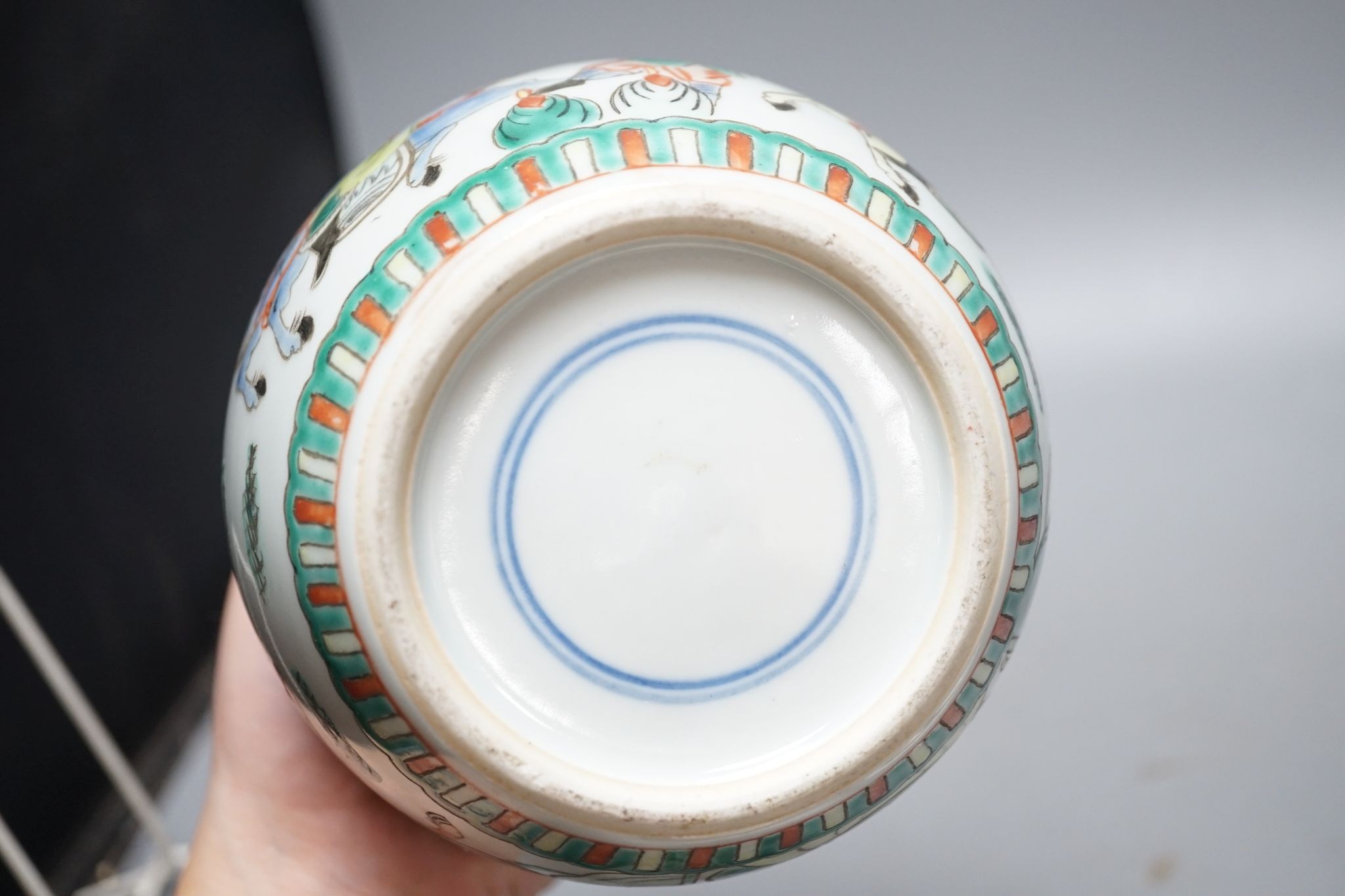 A Chinese famille verte jar, a Chinese enamelled porcelain stem dish, a famille rose cup and a Japanese Satsuma pottery model of a bucket, tallest 15.5cm